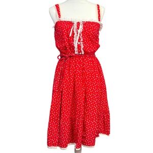 Vintage 70s Prairie Dress Red Floral Lace Trim Cottagecore USA Large